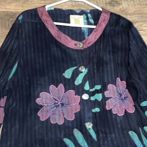 Asian creations Blue purple button up tropical SHIRT beaded round neck WOMENS Lg - Picture 13 of 14